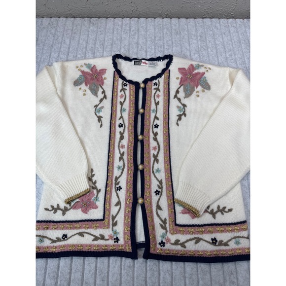 Lucia Petites Vintage Floral Embroidered Cardigan Cream Gold Pearl Button M - Picture 3 of 7